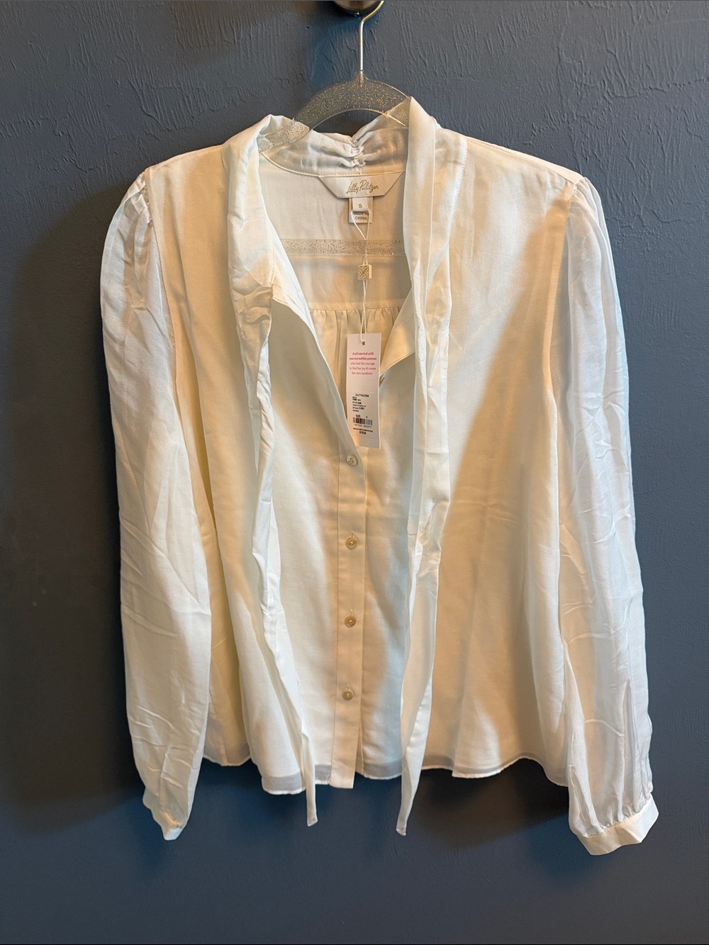 Lilly Pulitzer Ivory/Off-White Button-Down Tie-Neck Blouse